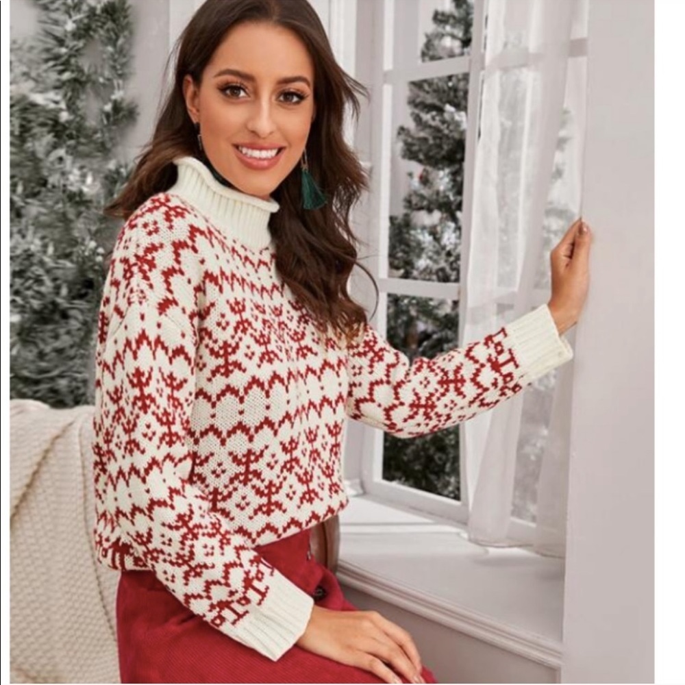 Red and White Christmas Pattern Turtleneck Sweater